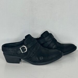 Born Black Suede Mules Clogs Distressed Leather Buckle Straps Western Y2K Sz 6.5
